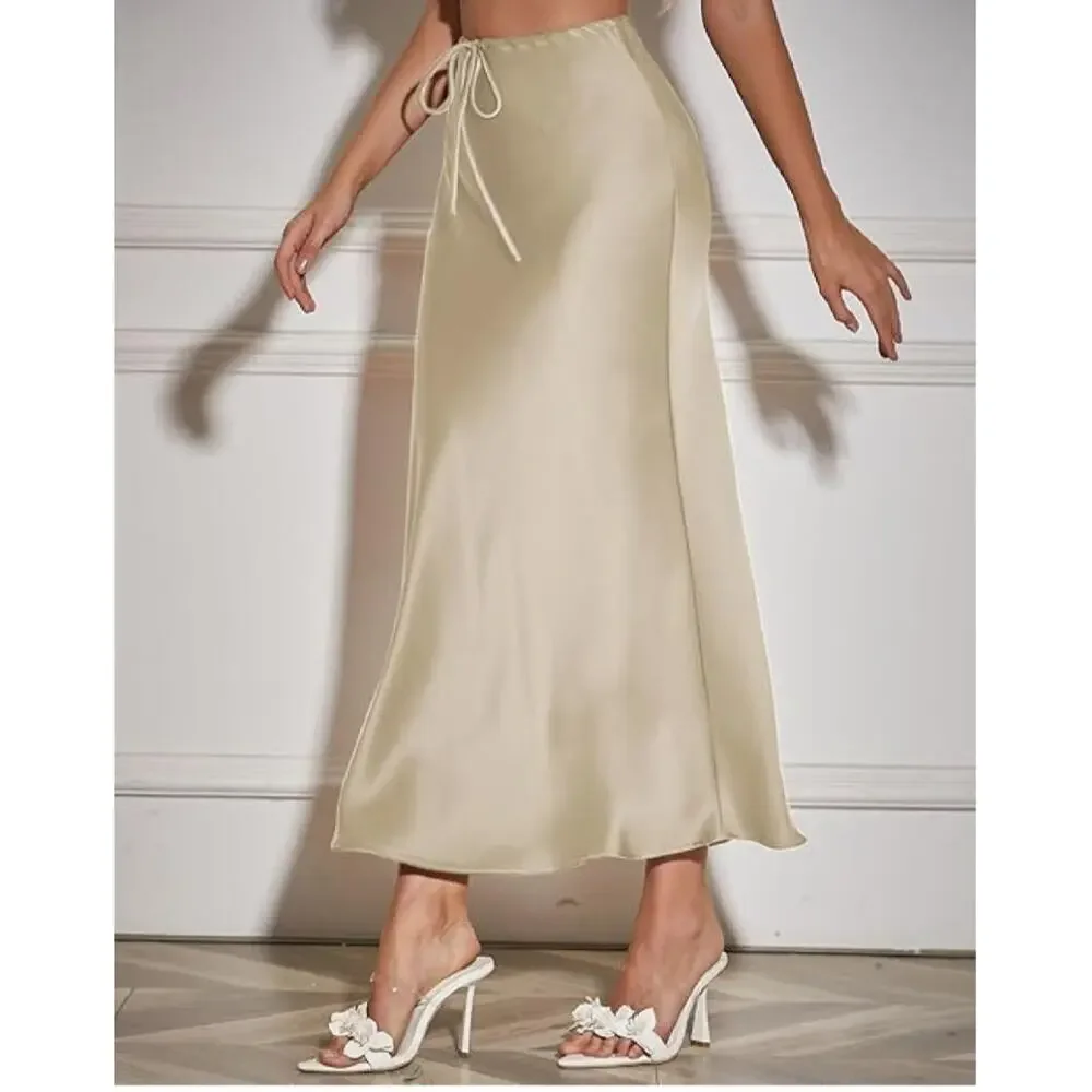 Women's Maxi Skirts Satin Drawstring High Waisted Silk Elegant Flowy Casual - Picture 4 of 4